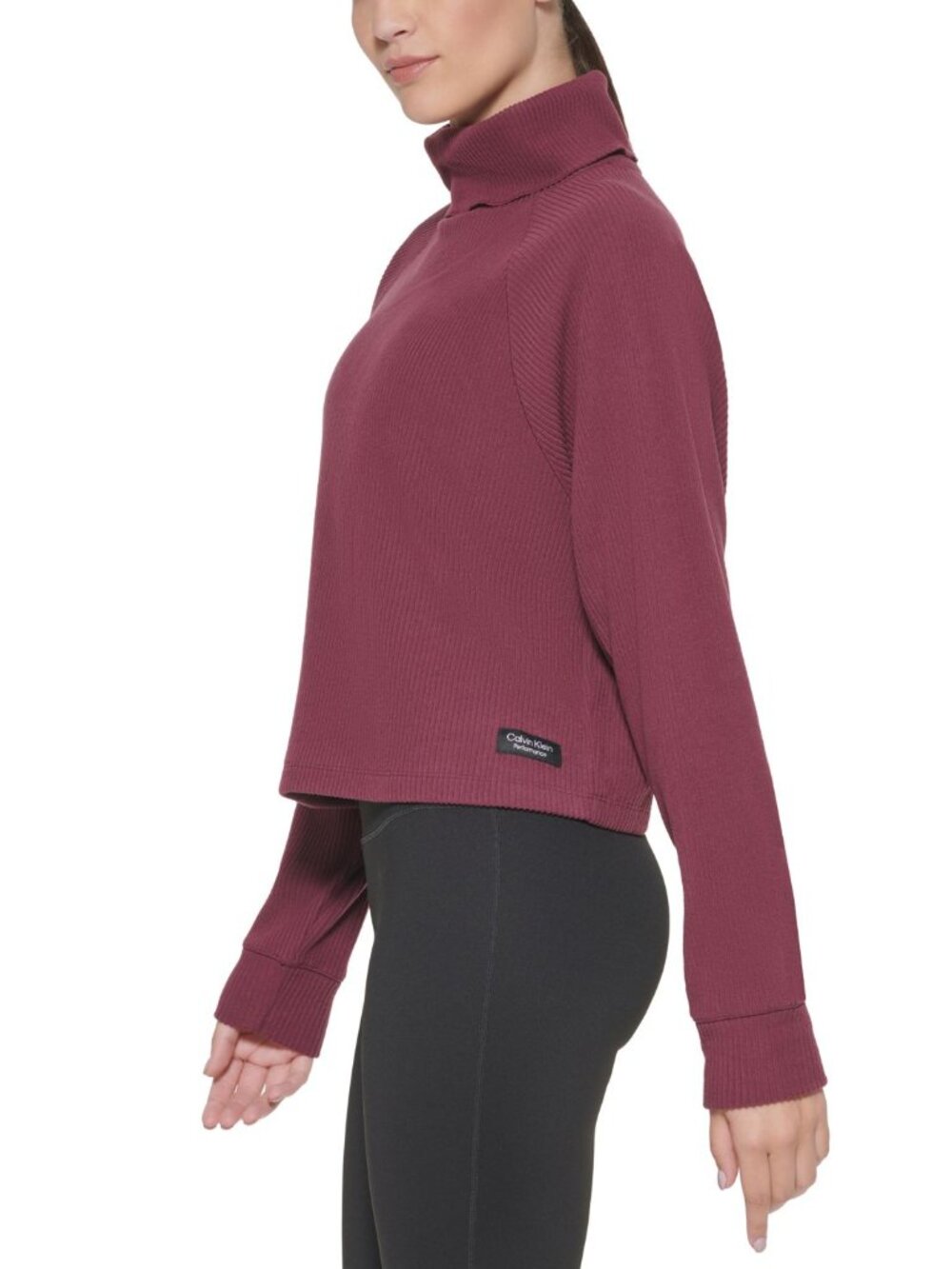Calvin Klein Womens Performance Ribbed Long-Sleeve Turtleneck Top